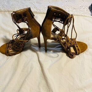 Fringe Lace-Up Suede High Heel Sandals - Brown